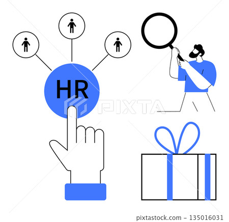Human resources, recruitment, employee assessment, corporate incentives, team building, talent acquisition. HR icon, person with magnifying glass and gift box. Human resources and recruitment Human resources, recruitment, employee assessment, corporate incentives, team building, talent acquisition. HR icon, person with magnifying glass and gift box. Human resources and recruitment 135016031