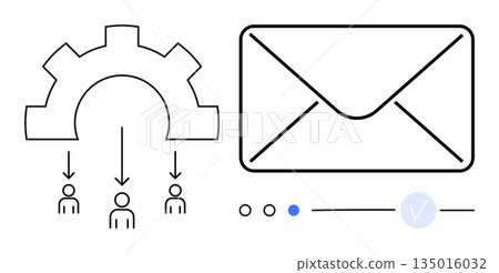 Automation, email workflows, user management, verification, communication, process optimization. Gear system with arrows to users and an envelop icon with verification. Automation and email workflows Automation, email workflows, user management, verification, communication, process optimization. Gear system with arrows to users and an envelop icon with verification. Automation and email workflows 135016032