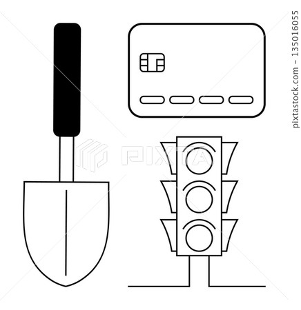 Gardening, financial transactions, transportation, construction, retail, design concepts. Black and white icons of a shovel, a credit card and a traffic light. Gardening and financial transactions 135016055