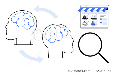 Innovation, business strategy, online marketplaces, teamwork, problem-solving, creativity. Two heads with connecting arrows, a magnifying glass and an online store layout. Innovation and business Innovation, business strategy, online marketplaces, teamwork, problem-solving, creativity. Two heads with connecting arrows, a magnifying glass and an online store layout. Innovation and business 135016057