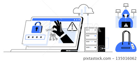Cybersecurity, data protection, hacking, online threats, password security, unauthorized access. hands stealing keys, cloud lock icon hooded hacker. Cybersecurity and hacking concept Cybersecurity, data protection, hacking, online threats, password security, unauthorized access. hands stealing keys, cloud lock icon hooded hacker. Cybersecurity and hacking concept 135016062