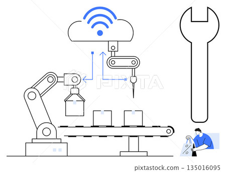 Smart manufacturing, IoT connectivity, industrial automation, production efficiency, robotics, technology innovation. Robotic arm linked to cloud, processing boxes and tools. Smart manufacturing 135016095