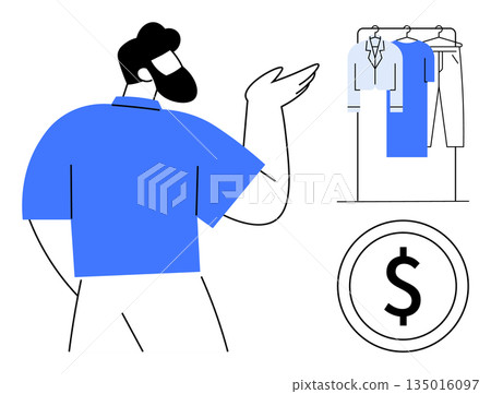 E-commerce, online shopping, fashion retail, affordability, wardrobe management, customer decision-making. A man gestures towards clothing on a rack and a dollar sign. E-commerce and shopping concept 135016097