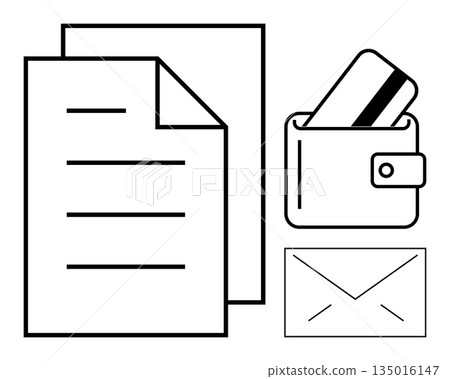 Financial planning, banking services, mail correspondence, organization, payment systems, document storage. Features papers, a wallet with a card and an envelope. Financial planning and banking Financial planning, banking services, mail correspondence, organization, payment systems, document storage. Features papers, a wallet with a card and an envelope. Financial planning and banking 135016147