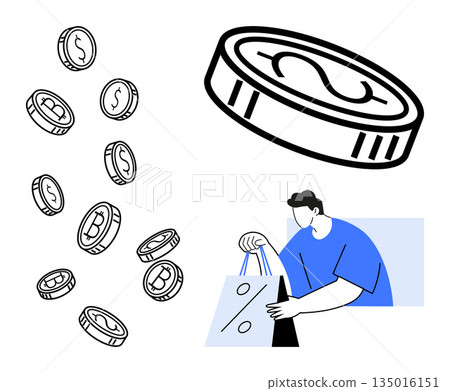 E-commerce, discounts, cryptocurrency, financial transactions, digital payments, online shopping. A shopper holding a bag with a percentage sign and floating coins. E-commerce and discounts concept E-commerce, discounts, cryptocurrency, financial transactions, digital payments, online shopping. A shopper holding a bag with a percentage sign and floating coins. E-commerce and discounts concept 135016151