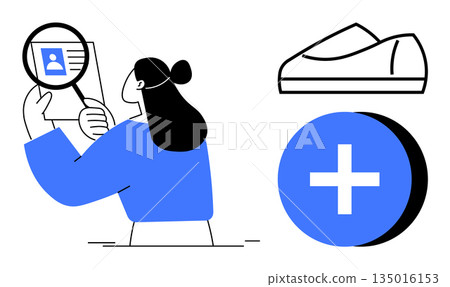 Identity verification, healthcare, footwear design, personal data security, medicine, documentation. A woman holds an ID card with a magnifier, a shoe sketch and a medical symbol. Identity Identity verification, healthcare, footwear design, personal data security, medicine, documentation. A woman holds an ID card with a magnifier, a shoe sketch and a medical symbol. Identity 135016153