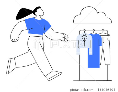 Online shopping, retail therapy, fashion trends, consumer behavior, wardrobe organization, sustainable choices. Woman walking beside clothes rack with hanging garments. Online shopping and retail 135016191