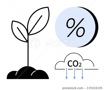 Environmental awareness, carbon footprint, sustainability, global warming, CO2 reduction, eco-friendly practices. A plant grows above soil alongside a CO2 cloud and percentage symbol. Sustainability Environmental awareness, carbon footprint, sustainability, global warming, CO2 reduction, eco-friendly practices. A plant grows above soil alongside a CO2 cloud and percentage symbol. Sustainability 135016195