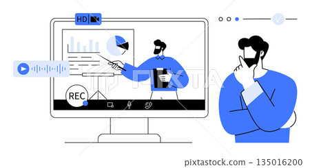Online education, business training, video conferencing, digital marketing, content creation, virtual meetings. Man presenting graphs on a screen. Online education and business training concepts Online education, business training, video conferencing, digital marketing, content creation, virtual meetings. Man presenting graphs on a screen. Online education and business training concepts 135016200