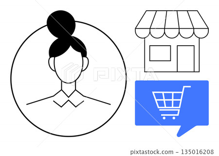 Online shopping, retail business, customer experience, digital commerce, user engagement, and e-store setup. Minimalist design with a user icon, storefront and shopping cart. Online shopping 135016208