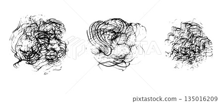Abstract grunge cross scribble striped chaotic round textures of black ink brush strokes. Artistic vector paintbrush textured geometric shape border set for texture frame design, cage, angry concept 135016209