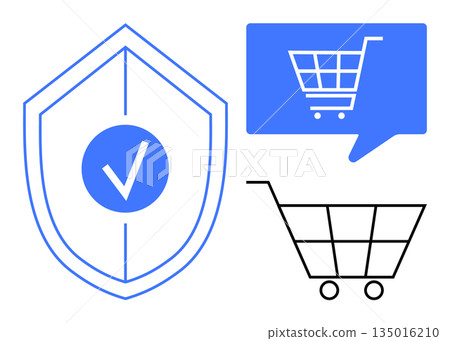 Online security, e-commerce protection, payment safety, digital shopping, cyber fraud prevention, secure transactions. Blue shield with checkmark and shopping cart icons. Online security 135016210