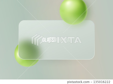 Light abstract background with translucent glass banner and floating green spheres. 135016222