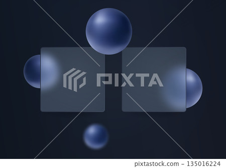 Abstract dark background with two translucent glass panels and floating blue spheres Abstract dark background with two translucent glass panels and floating blue spheres 135016224