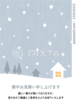 Simple vertical illustration of a winter greeting card with a snowy landscape 135016352