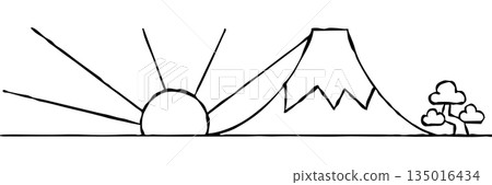 [Line drawing] New Year's card material: Simple sunrise and Mt. Fuji, pine 135016434