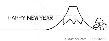 【線描圖】新年賀卡素材：簡約富士山與松樹 135016436
