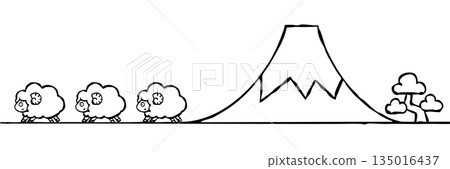【線描圖】新年賀卡素材:簡約松樹、富士山、綿羊 【線描圖】新年賀卡素材:簡約松樹、富士山、綿羊 135016437