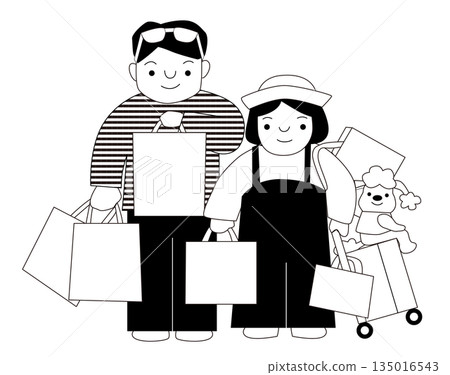 Young tourist couple (simple illustration of a young couple and a dog enjoying shopping) Young tourist couple (simple illustration of a young couple and a dog enjoying shopping) 135016543