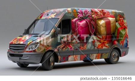 A van design shows a colorful wrap with gifts and ribbons for holiday delivery. 135016646
