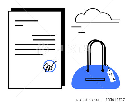 Legal processes, e-commerce, consumer rights, retail agreements, authentication, ownership. A signed document beside a handbag with a price tag. Legal processes and e-commerce Legal processes, e-commerce, consumer rights, retail agreements, authentication, ownership. A signed document beside a handbag with a price tag. Legal processes and e-commerce 135016727