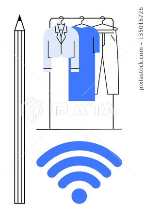 Online shopping, fashion design, remote work, digital creativity, e-commerce, wireless technology. Clothes rack, pencil and wireless symbol. Fashion design and online shopping concept Online shopping, fashion design, remote work, digital creativity, e-commerce, wireless technology. Clothes rack, pencil and wireless symbol. Fashion design and online shopping concept 135016728