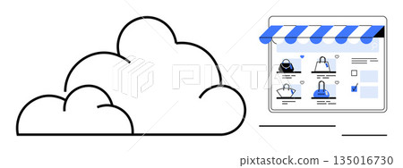E-commerce, online storefronts, cloud computing, data storage, business solutions, web hosting. A cloud next to an online storefront with shopping items. E-commerce and cloud computing concept 135016730