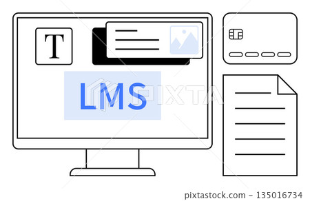 E-learning, online education, training platforms, LMS tools, payment interfaces, digital organization. Monitor with LMS text, file and card icons. E-learning and online education concept E-learning, online education, training platforms, LMS tools, payment interfaces, digital organization. Monitor with LMS text, file and card icons. E-learning and online education concept 135016734