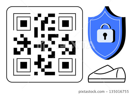 Digital security, authentication, online payment, identity verification, e-commerce, technology. QR code, lock symbol on a shield shoe graphic. Digital security and authentication visualization 135016755
