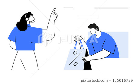 Online shopping, retail business, sales promotions, consumer behavior, e-commerce, marketing strategies. A person holding a shopping bag with a discount symbol while another gestures. Online shopping Online shopping, retail business, sales promotions, consumer behavior, e-commerce, marketing strategies. A person holding a shopping bag with a discount symbol while another gestures. Online shopping 135016759