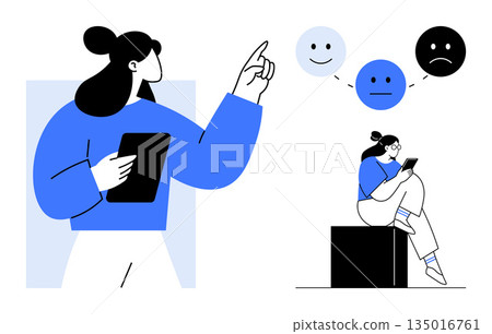 Emotional analysis, digital communication, mental health, decision-making, self-reflection, emotion tracking. Woman pointing at emoticons, holding a tablet. Emotional analysis and digital Emotional analysis, digital communication, mental health, decision-making, self-reflection, emotion tracking. Woman pointing at emoticons, holding a tablet. Emotional analysis and digital 135016761