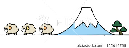 新年賀卡素材：簡單的松樹、富士山和綿羊。 135016766