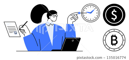 Time management, cryptocurrency, financial planning, business workflow, currency trading, productivity. Woman working on financial tasks with laptop, clock and currency symbols. Time management Time management, cryptocurrency, financial planning, business workflow, currency trading, productivity. Woman working on financial tasks with laptop, clock and currency symbols. Time management 135016774