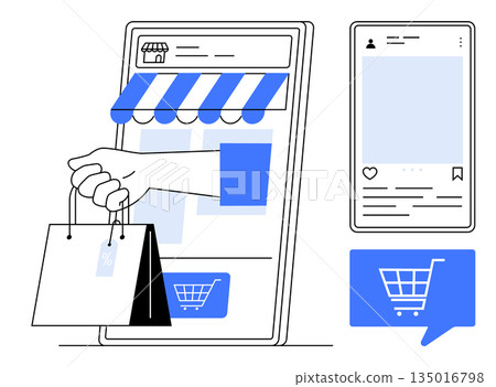 Online shopping, e-commerce platforms, digital marketing, mobile retail, customer engagement, app design. A hand holding shopping bags through a mobile storefront. E-commerce platforms and digital Online shopping, e-commerce platforms, digital marketing, mobile retail, customer engagement, app design. A hand holding shopping bags through a mobile storefront. E-commerce platforms and digital 135016798