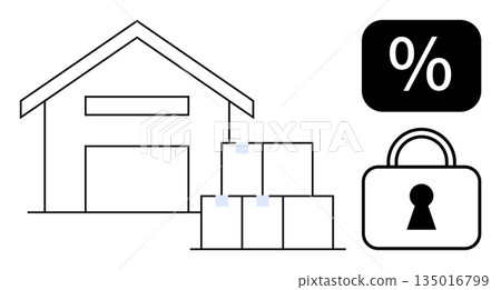 Logistics, e-commerce, discounts, inventory management, secure storage, trade. Minimalist warehouse with stacked boxes, percentage symbol and padlock. Logistics and e-commerce concepts 135016799