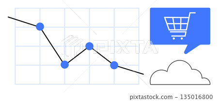 E-commerce performance, business trends, online shopping, data analysis, cloud technology, digital economics. Graph showing decreasing trend, shopping cart and cloud. E-commerce performance 135016800
