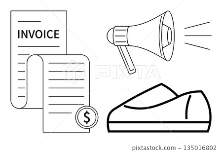 Financial transactions, marketing promotions, business services, payment systems, advertising, e-commerce. Invoice next to dollar sign, megaphone and card terminal. Payment systems and advertising 135016802
