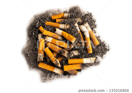 pile of cigarette butts and ash on a white background pile of cigarette butts and ash on a white background 135016808