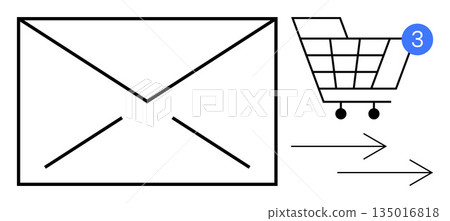 Email marketing, e-commerce, online shopping, notifications, digital communication, transaction process. Envelope icon, shopping cart and arrows. Email marketing and e-commerce concept Email marketing, e-commerce, online shopping, notifications, digital communication, transaction process. Envelope icon, shopping cart and arrows. Email marketing and e-commerce concept 135016818