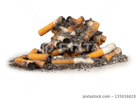 pile of cigarette butts and ash on a white background pile of cigarette butts and ash on a white background 135016828