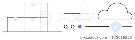 Logistics, data storage, cloud computing, supply chain, digital connectivity, verification services. Stacked boxes with lines and a cloud symbol with a checkmark. Logistics and data storage concept 135016830