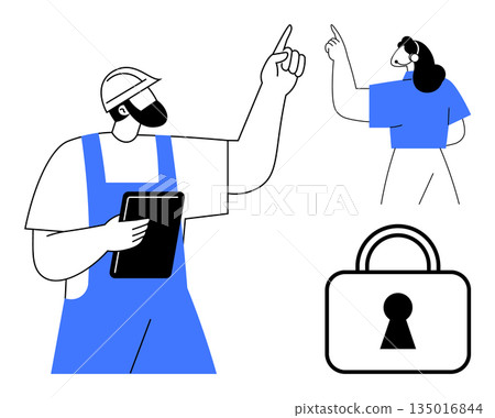 Workplace safety, communication, teamwork, construction, technology, data protection. A worker holding a tablet and pointing alongside a pointing woman and padlock icon. Workplace safety Workplace safety, communication, teamwork, construction, technology, data protection. A worker holding a tablet and pointing alongside a pointing woman and padlock icon. Workplace safety 135016844