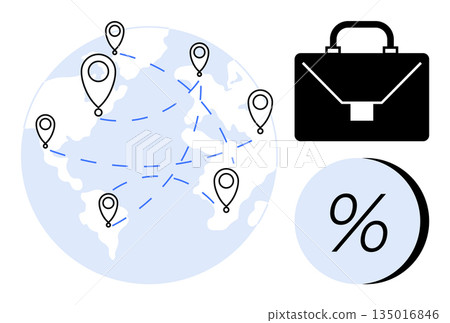 International trade, business networking, communication flow, global economy, financial analysis, market strategy. A world map with location pins, business briefcase percentage icon. Global trade International trade, business networking, communication flow, global economy, financial analysis, market strategy. A world map with location pins, business briefcase percentage icon. Global trade 135016846