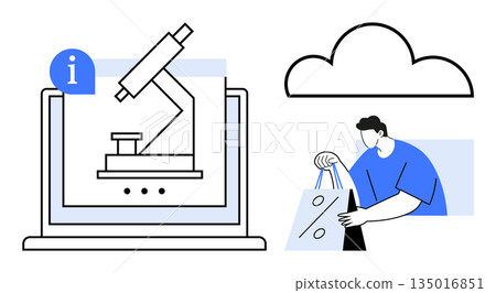 Education, online learning, e-commerce, data storage, scientific research, cloud computing. Microscope on laptop, cloud person with shopping bags. Education and e-commerce concepts 135016851