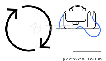 Sustainability, waste management, office supplies, business practices, circular economy, eco-friendly workplace. Circular arrows beside a briefcase. Sustainability and business practices concept 135016853
