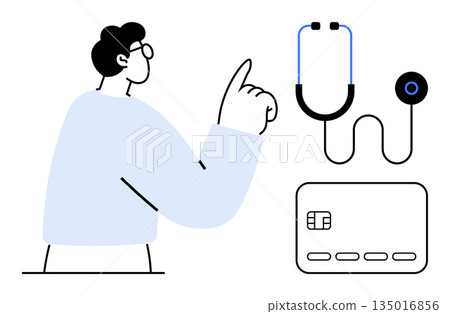 Healthcare, digital payments, medical services, technology integration, insurance, financial transactions. A person pointing to a stethoscope and a payment card. Healthcare and digital payments 135016856