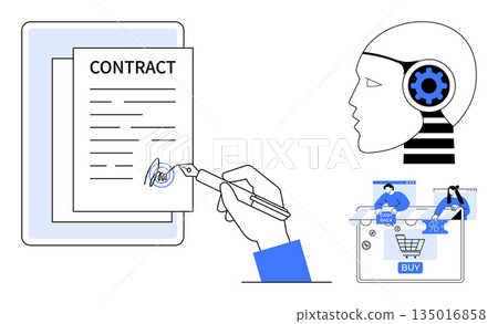 Legal automation, e-commerce solutions, AI processing, digital signatures, tech-driven contracts, online transactions. Human hand signing a contract, head with gear symbol. Legal automation 135016858