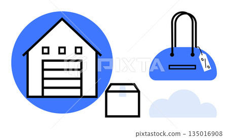 E-commerce, retail logistics, product delivery, online shopping, inventory management, digital business. Visual includes warehouse, shipping box handbag with tag and cloud. E-commerce and retail E-commerce, retail logistics, product delivery, online shopping, inventory management, digital business. Visual includes warehouse, shipping box handbag with tag and cloud. E-commerce and retail 135016908