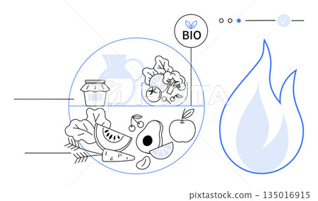 Sustainability, organic living, healthy eating, eco-friendly energy, bio products, environmental care. Minimalist line art of fruits, vegetables and a flame. Organic living and sustainability 135016915