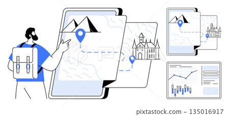 Travel planning, tourism apps, technology, digital routes, navigation tools, geography apps. Person pointing at the map with locations and analytics charts. Travel planning and tourism apps concept 135016917